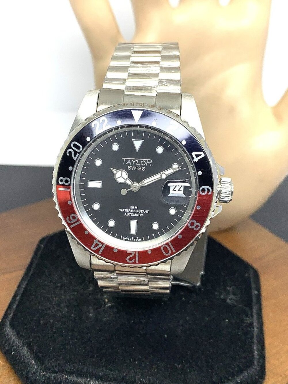Taylor Men's Watch Swiss Tech Automatic Black Dial Coke Bezel Silver Steel 40mm